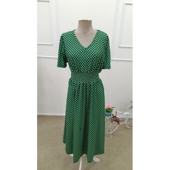 Kadın Kısa Kollu V Yakalı Beli Lastikli Midi Süprem Elbise , 32085