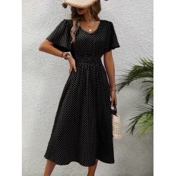 Kadın Kısa Kollu V Yakalı Beli Lastikli Midi Süprem Elbise , 32083 Kadın Kısa Kollu V Yakalı Beli Lastikli Midi Süprem Elbise , 32083