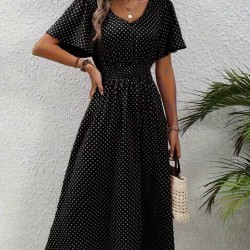 Kadın Kısa Kollu V Yakalı Beli Lastikli Midi Süprem Elbise , 32083