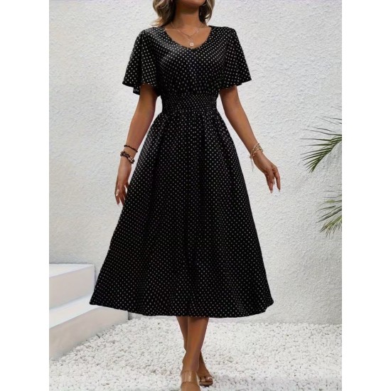 Kadın Kısa Kollu V Yakalı Beli Lastikli Midi Süprem Elbise , 32083