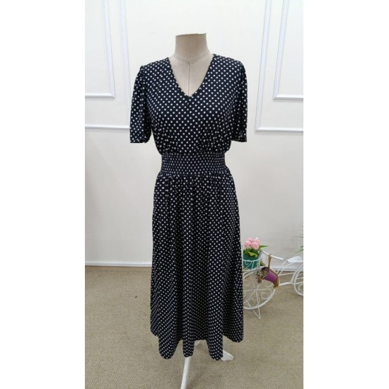 Kadın Kısa Kollu V Yakalı Beli Lastikli Midi Süprem Elbise , 32083