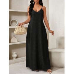 Kadın Ip Askılı V Yakalı Cep Detaylı Uzun Elbise , 32094