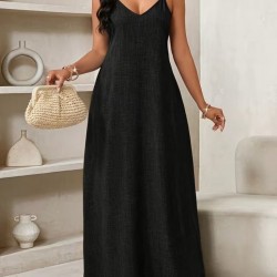 Kadın Ip Askılı V Yakalı Cep Detaylı Uzun Elbise , 32094