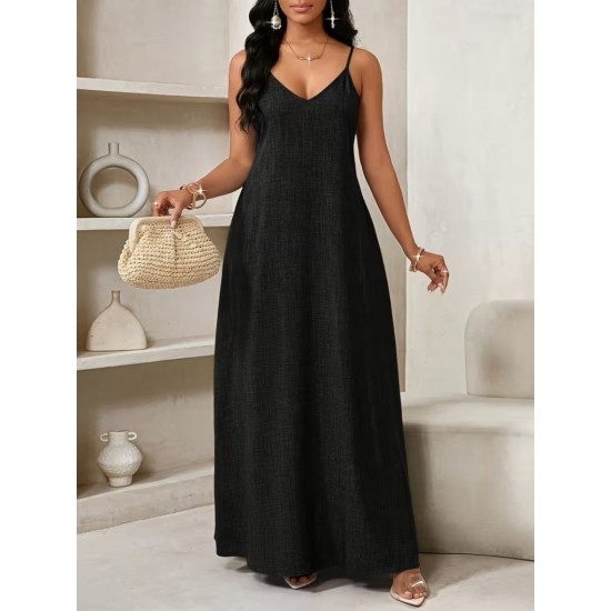 Kadın Ip Askılı V Yakalı Cep Detaylı Uzun Elbise , 32094 Kadın Ip Askılı V Yakalı Cep Detaylı Uzun Elbise , 32094