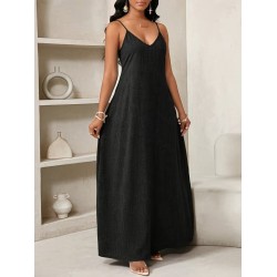 Kadın Ip Askılı V Yakalı Cep Detaylı Uzun Elbise , 32094 Kadın Ip Askılı V Yakalı Cep Detaylı Uzun Elbise , 32094