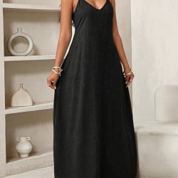 Kadın Ip Askılı V Yakalı Cep Detaylı Uzun Elbise , 32094