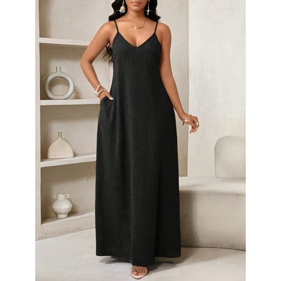 Kadın Ip Askılı V Yakalı Cep Detaylı Uzun Elbise , 32094 Kadın Ip Askılı V Yakalı Cep Detaylı Uzun Elbise , 32094