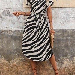 Kadın Kısa Kollu V Hakim Yakalı Zebra Desenli Midi Süprem Elbise , 32092