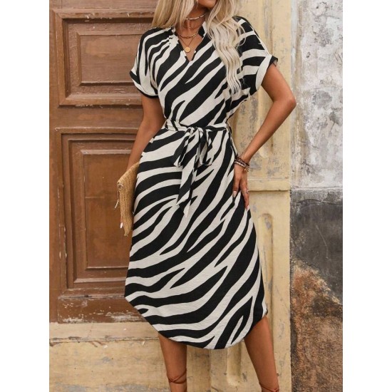 Kadın Kısa Kollu V Hakim Yakalı Zebra Desenli Midi Süprem Elbise , 32092