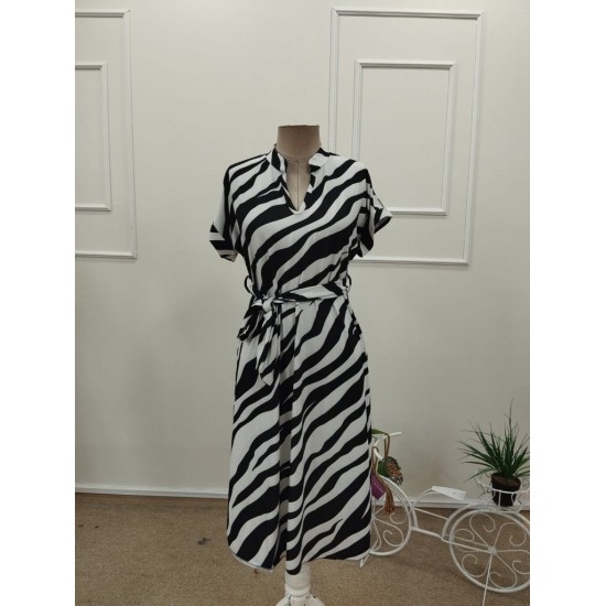 Kadın Kısa Kollu V Hakim Yakalı Zebra Desenli Midi Süprem Elbise , 32092