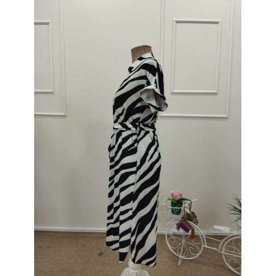 Kadın Kısa Kollu V Hakim Yakalı Zebra Desenli Midi Süprem Elbise , 32092