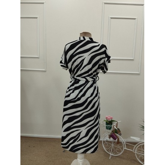 Kadın Kısa Kollu V Hakim Yakalı Zebra Desenli Midi Süprem Elbise , 32092
