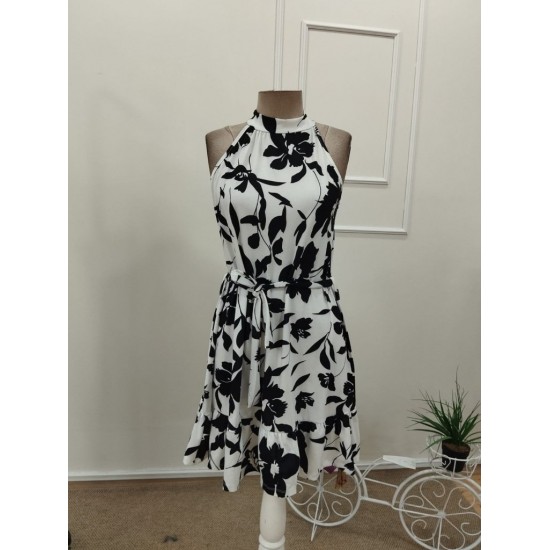 Kadın Omuzlardan Açık Balıkçı Yakalı Kuşaklı Desenli Kısa Süprem Elbise , 32111