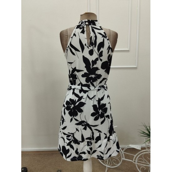 Kadın Omuzlardan Açık Balıkçı Yakalı Kuşaklı Desenli Kısa Süprem Elbise , 32111