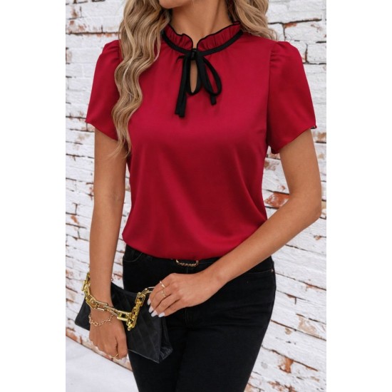 Kadın Kısa Kollu Yakası Fırfırlı Bağcıklı Janjan Krep Bluz, 32108 Kadın Kısa Kollu Yakası Fırfırlı Bağcıklı Janjan Krep Bluz, 32108