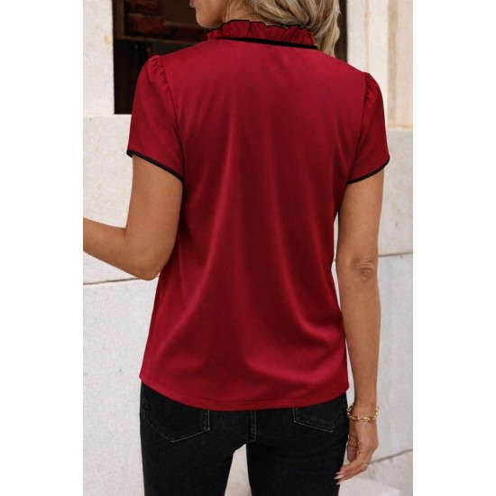 Kadın Kısa Kollu Yakası Fırfırlı Bağcıklı Janjan Krep Bluz, 32108 Kadın Kısa Kollu Yakası Fırfırlı Bağcıklı Janjan Krep Bluz, 32108