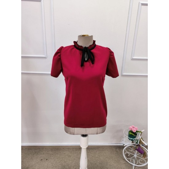 Kadın Kısa Kollu Yakası Fırfırlı Bağcıklı Janjan Krep Bluz, 32108 Kadın Kısa Kollu Yakası Fırfırlı Bağcıklı Janjan Krep Bluz, 32108