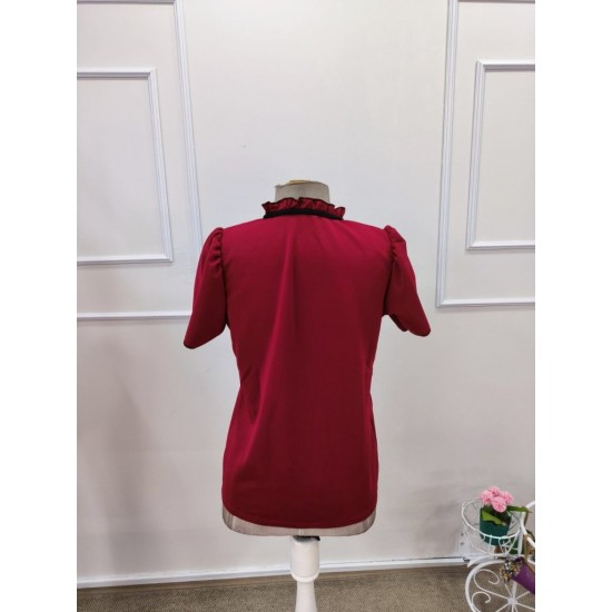 Kadın Kısa Kollu Yakası Fırfırlı Bağcıklı Janjan Krep Bluz, 32108 Kadın Kısa Kollu Yakası Fırfırlı Bağcıklı Janjan Krep Bluz, 32108