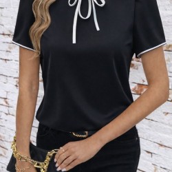 Kadın Kısa Kollu Yakası Fırfırlı Bağcıklı Janjan Krep Bluz, 32106 Kadın Kısa Kollu Yakası Fırfırlı Bağcıklı Janjan Krep Bluz, 32106