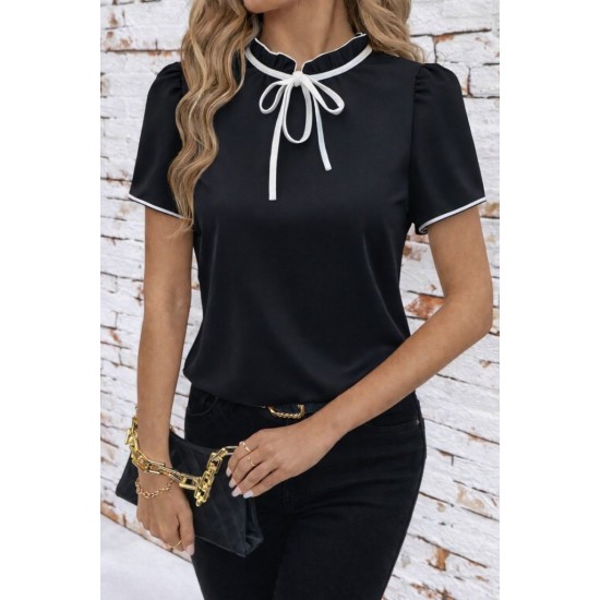 Kadın Kısa Kollu Yakası Fırfırlı Bağcıklı Janjan Krep Bluz, 32106 Kadın Kısa Kollu Yakası Fırfırlı Bağcıklı Janjan Krep Bluz, 32106