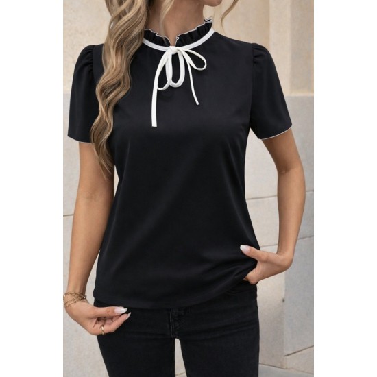 Kadın Kısa Kollu Yakası Fırfırlı Bağcıklı Janjan Krep Bluz, 32106 Kadın Kısa Kollu Yakası Fırfırlı Bağcıklı Janjan Krep Bluz, 32106