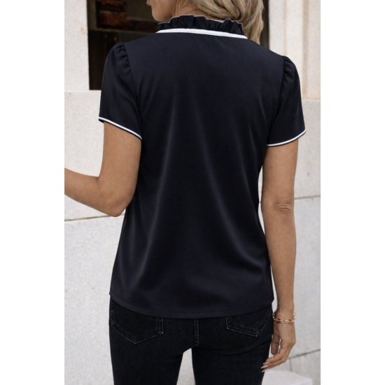 Kadın Kısa Kollu Yakası Fırfırlı Bağcıklı Janjan Krep Bluz, 32106 Kadın Kısa Kollu Yakası Fırfırlı Bağcıklı Janjan Krep Bluz, 32106