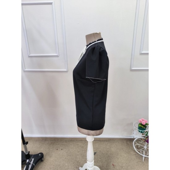 Kadın Kısa Kollu Yakası Fırfırlı Bağcıklı Janjan Krep Bluz, 32106 Kadın Kısa Kollu Yakası Fırfırlı Bağcıklı Janjan Krep Bluz, 32106