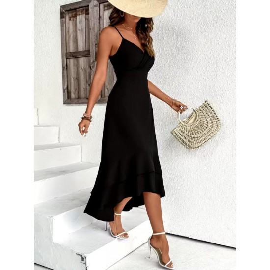 Kadın Ip Askılı Kruvaze Yakalı Sırttan Bağcıklı önü Volanlı Midi Janjan Krep Elbise , 32098 Kadın Ip Askılı Kruvaze Yakalı Sırttan Bağcıklı önü Volanlı Midi Janjan Krep Elbise , 32098