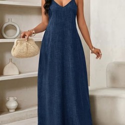 Kadın Ip Askılı V Yakalı Cep Detaylı Uzun Elbise , 32097 Kadın Ip Askılı V Yakalı Cep Detaylı Uzun Elbise , 32097