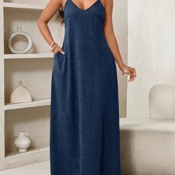 Kadın Ip Askılı V Yakalı Cep Detaylı Uzun Elbise , 32097