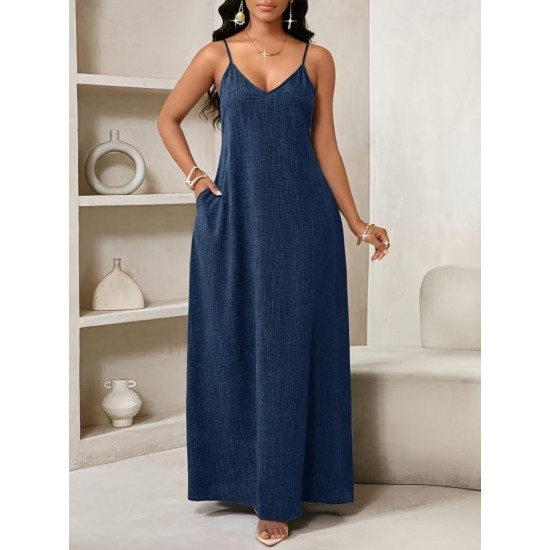 Kadın Ip Askılı V Yakalı Cep Detaylı Uzun Elbise , 32097