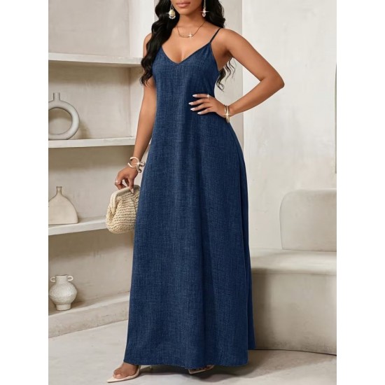 Kadın Ip Askılı V Yakalı Cep Detaylı Uzun Elbise , 32097