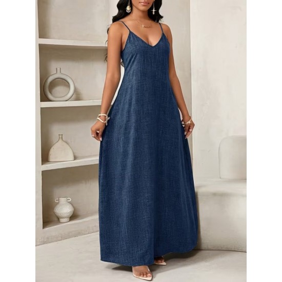 Kadın Ip Askılı V Yakalı Cep Detaylı Uzun Elbise , 32097