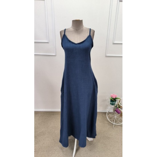 Kadın Ip Askılı V Yakalı Cep Detaylı Uzun Elbise , 32097