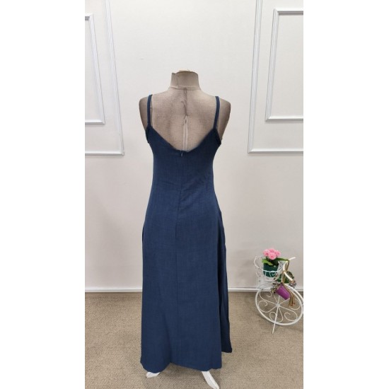 Kadın Ip Askılı V Yakalı Cep Detaylı Uzun Elbise , 32097