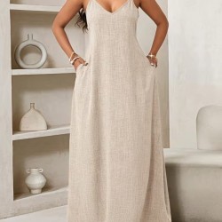 Kadın Ip Askılı V Yakalı Cep Detaylı Uzun Elbise , 32096