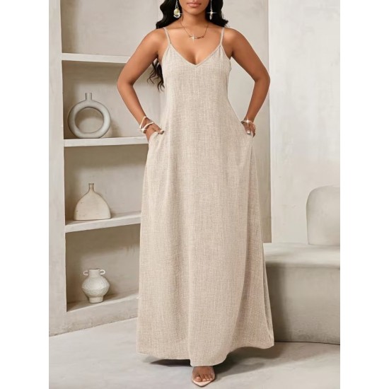 Kadın Ip Askılı V Yakalı Cep Detaylı Uzun Elbise , 32096 Kadın Ip Askılı V Yakalı Cep Detaylı Uzun Elbise , 32096