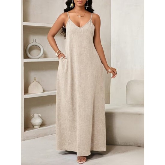 Kadın Ip Askılı V Yakalı Cep Detaylı Uzun Elbise , 32096 Kadın Ip Askılı V Yakalı Cep Detaylı Uzun Elbise , 32096