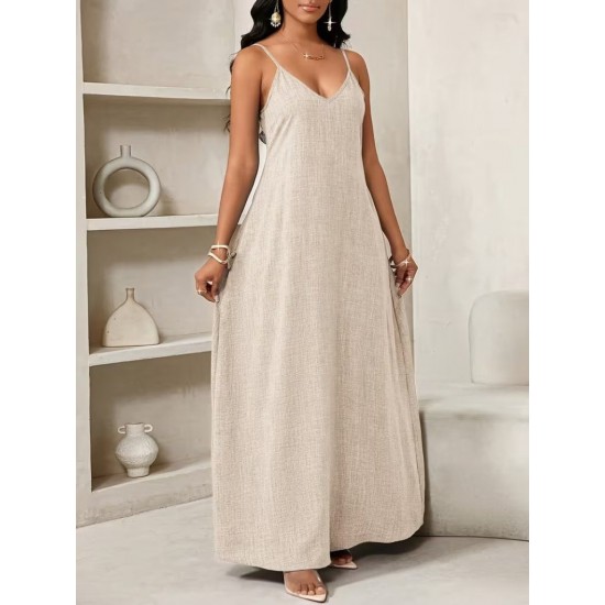 Kadın Ip Askılı V Yakalı Cep Detaylı Uzun Elbise , 32096 Kadın Ip Askılı V Yakalı Cep Detaylı Uzun Elbise , 32096