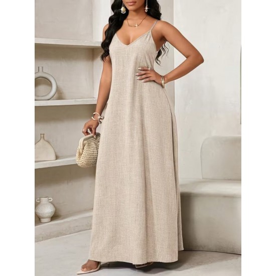 Kadın Ip Askılı V Yakalı Cep Detaylı Uzun Elbise , 32096 Kadın Ip Askılı V Yakalı Cep Detaylı Uzun Elbise , 32096