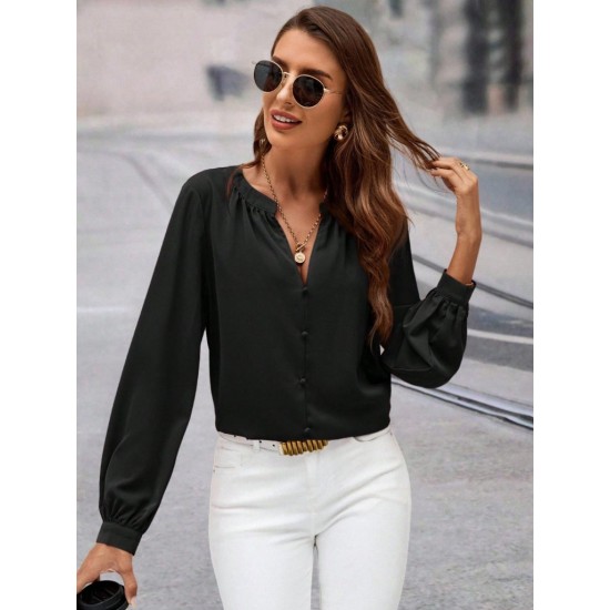 Kadın Uzun Kollu önden Düğmeli Hakim Yaka Ithal Krep Bluz, 32134