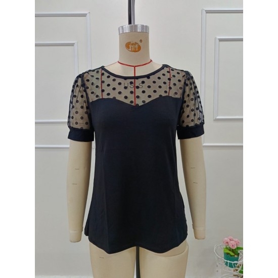 Kadın Kısa Kollu Bisiklet Yakalı Kolları Puantiyeli Viskon Bluz, 32133