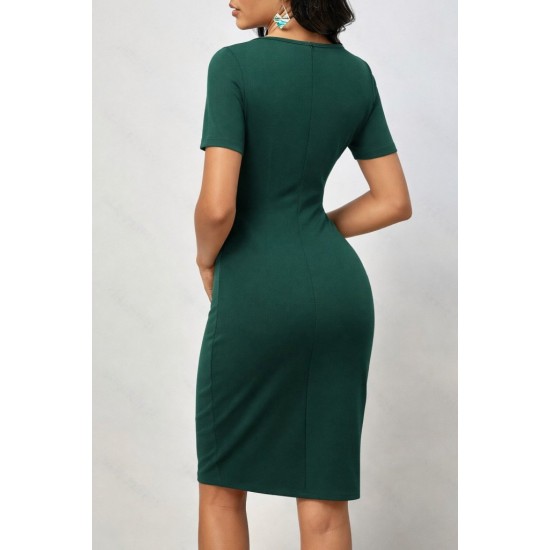 Kadın Kısa Kollu V Yakalı Pileli Kısa Ithal Krep Elbise , 32132