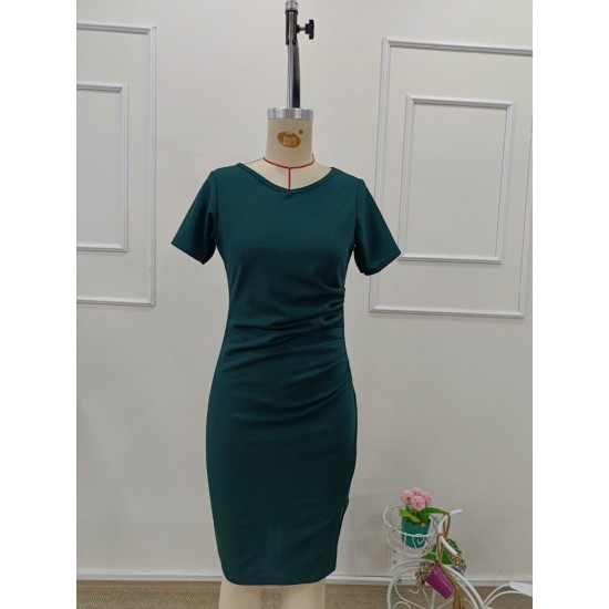 Kadın Kısa Kollu V Yakalı Pileli Kısa Ithal Krep Elbise , 32132