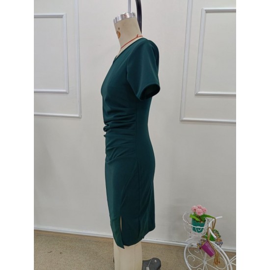 Kadın Kısa Kollu V Yakalı Pileli Kısa Ithal Krep Elbise , 32132