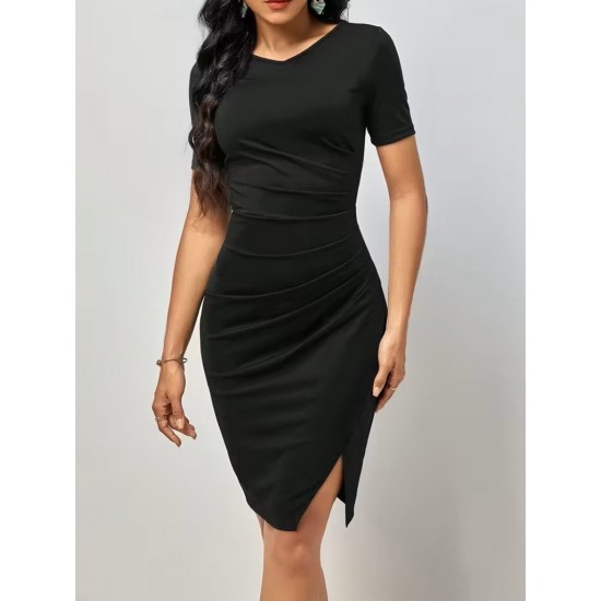 Kadın Kısa Kollu V Yakalı Pileli Kısa Ithal Krep Elbise , 32130