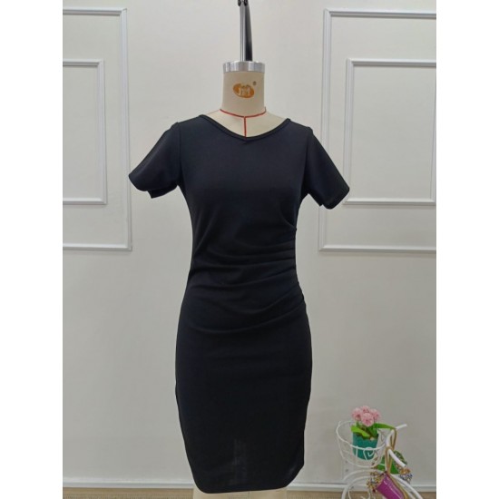 Kadın Kısa Kollu V Yakalı Pileli Kısa Ithal Krep Elbise , 32130