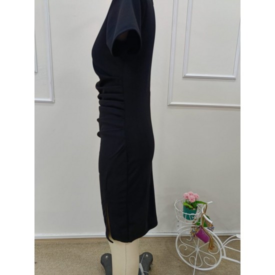 Kadın Kısa Kollu V Yakalı Pileli Kısa Ithal Krep Elbise , 32130