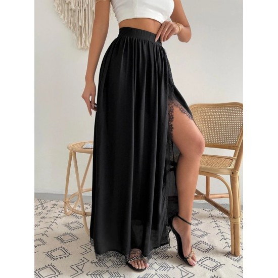 Kadın Yüksek Bel Yandan Yırtmaçlı Dantelli Uzun Sandy Etek, 32129