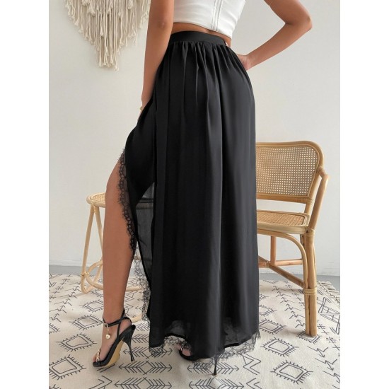 Kadın Yüksek Bel Yandan Yırtmaçlı Dantelli Uzun Sandy Etek, 32129